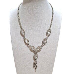 Vintage Silver Tone Clear Prong Set Rhinestone Dangle Necklace 16.5" Hook Clasp